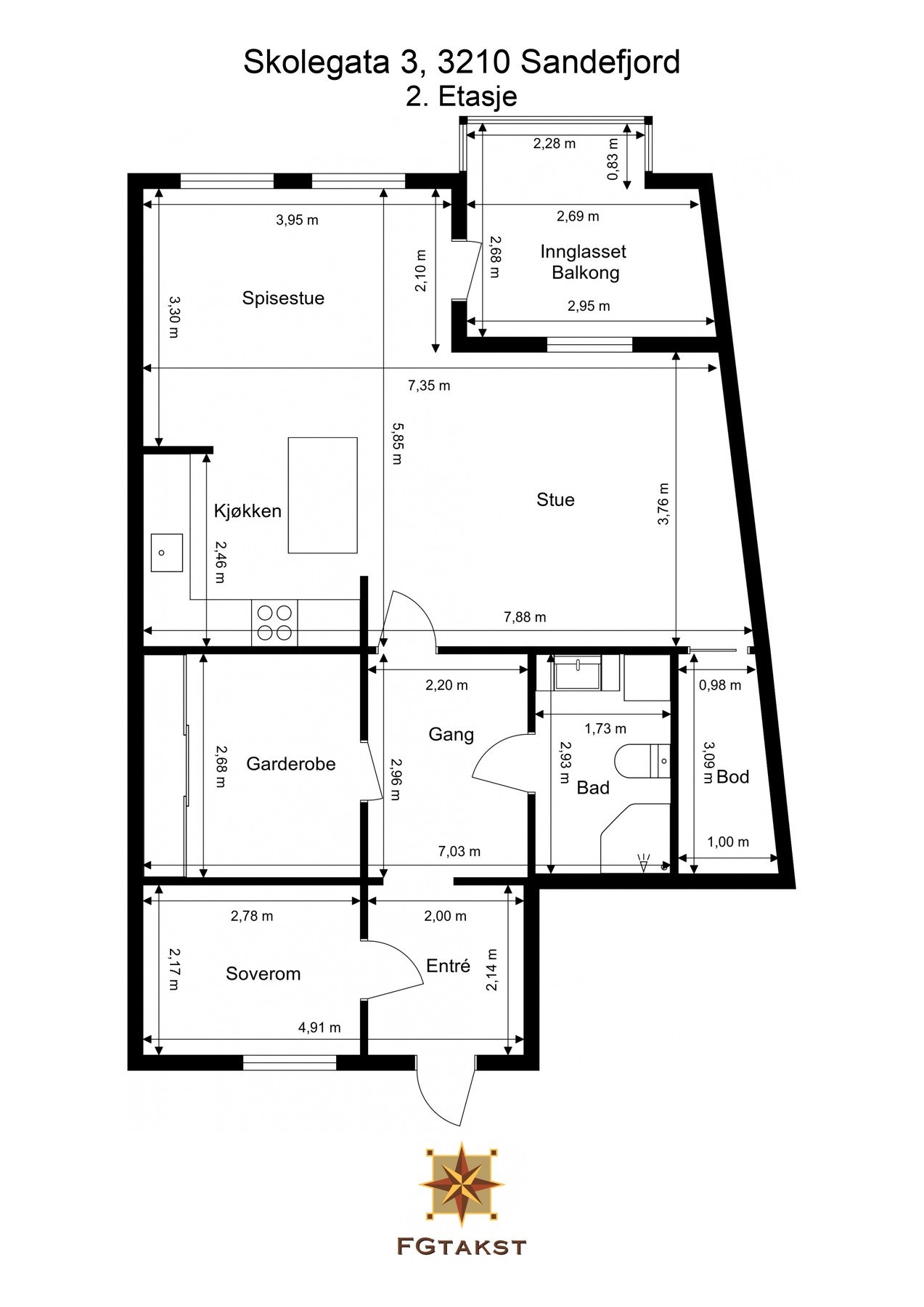 Plantegning - Praktisk 2-roms leilighet med eget garderoberrom og innvendig bod Galleribilde