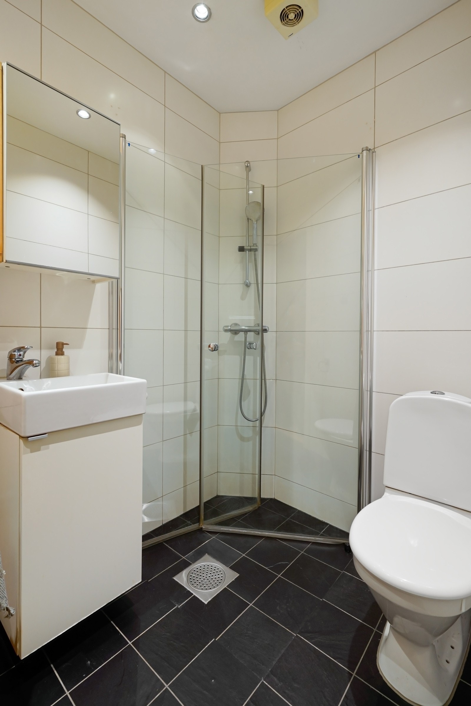 Videre innredet med toalett, dusjhjørne med glassdører, servant med underskap og speilskap. Galleribilde