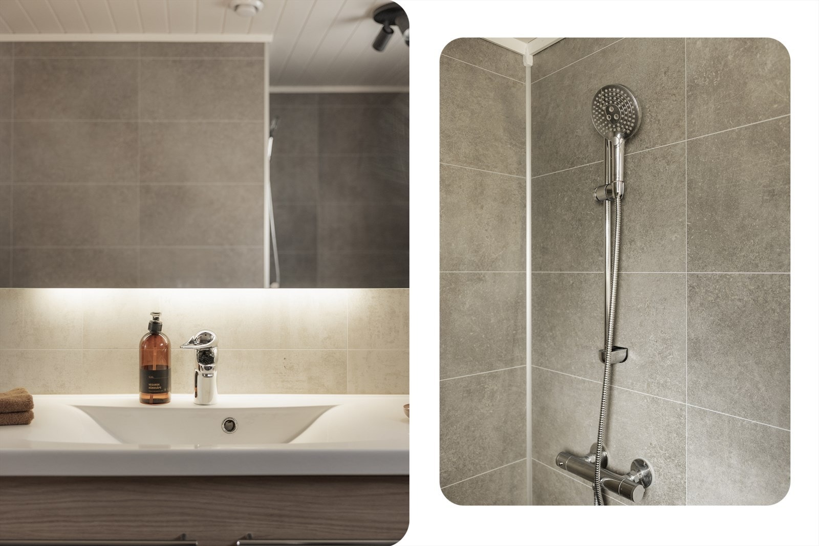 Badet er utstyrt med nedfelt servant og dusjhjørne Galleribilde