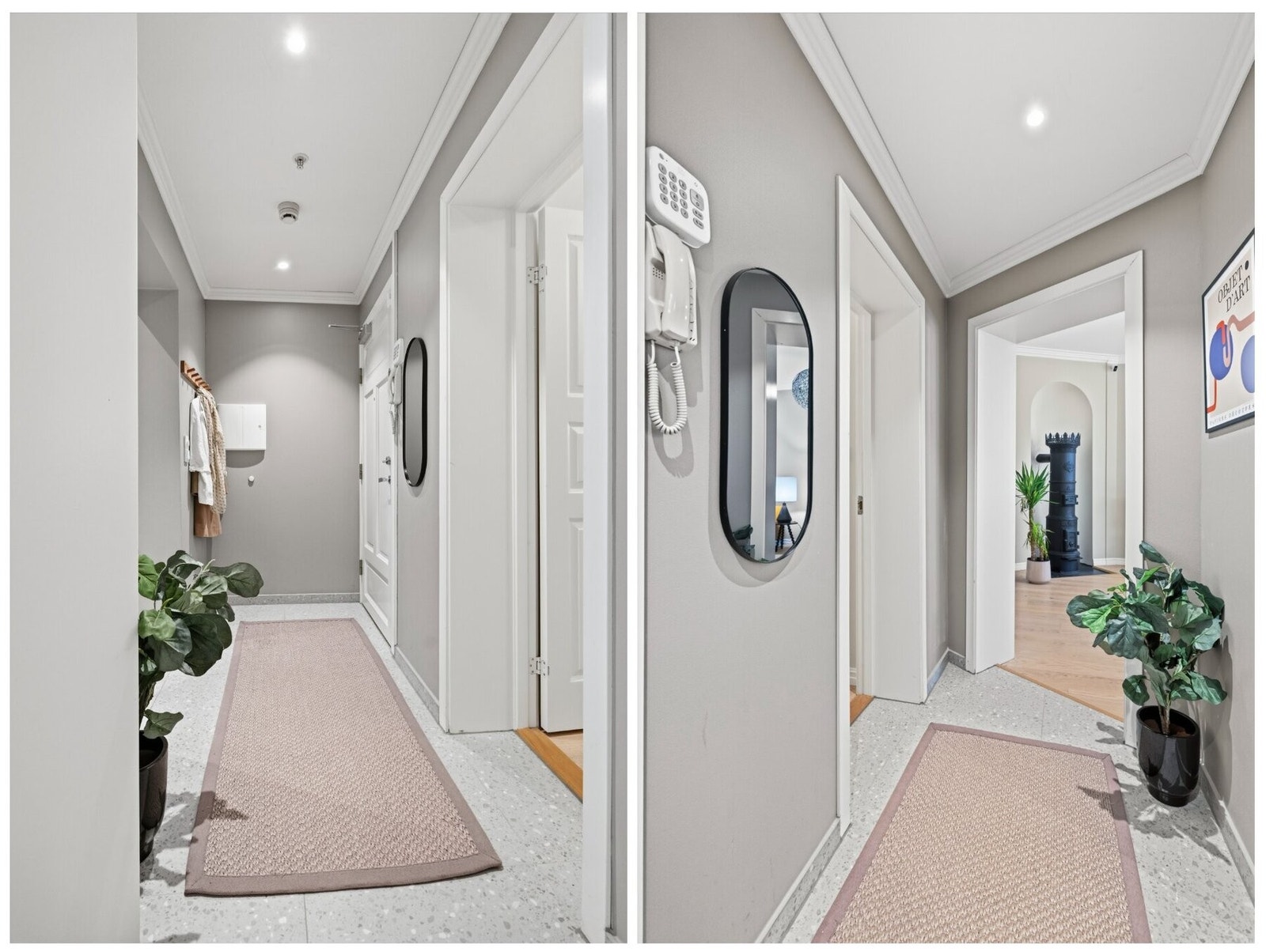 Hyggelig flislagt entré/gang med gulvvarme som er romslig og gir et godt førsteinntrykk samt fungerer som det naturlige knutepunktet i leiligheten. Galleribilde