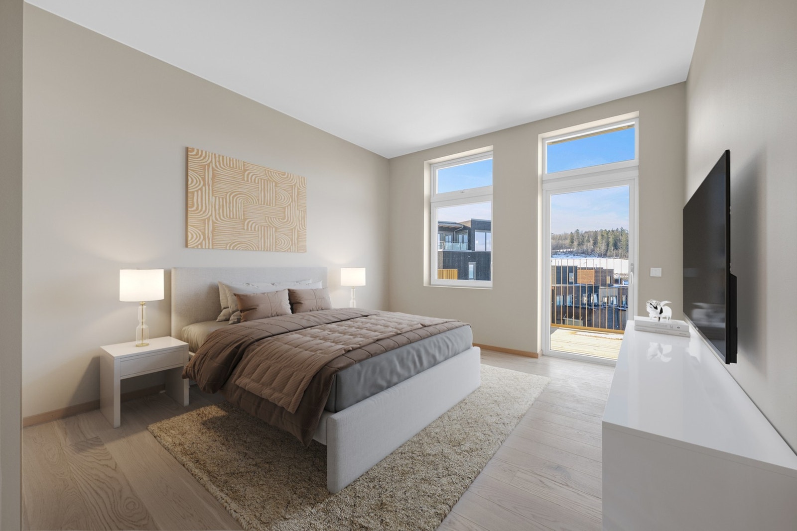 Hovedsoverommet er en egen liten suite på over 18 kvm, med direkte adgang til privat bad og utgang til en vestvendt balkong der du kan nyte kveldssolen i fred og ro. Galleribilde