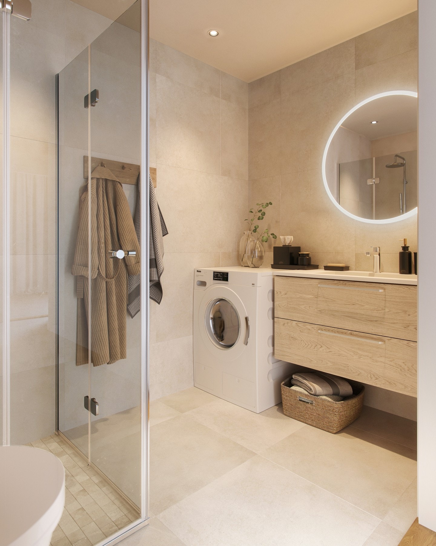 Badet får et moderne og stilrent preg med store beige fliser på både gulv og vegger, kombinert med et nedsenket mosaikkfelt i dusjsonen (5x5 cm). Bilde er ikke av selve leiligheten, kun ment som illustrasjon. Galleribilde