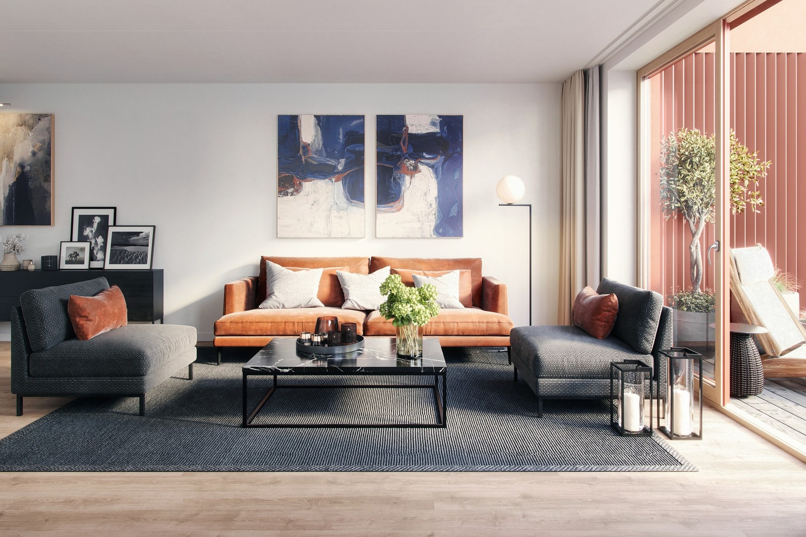 Den åpne planløsningen gir god plass til både sofagruppe og spisebord. Bilde er ikke av selve leiligheten, kun ment som illustrasjon. Galleribilde