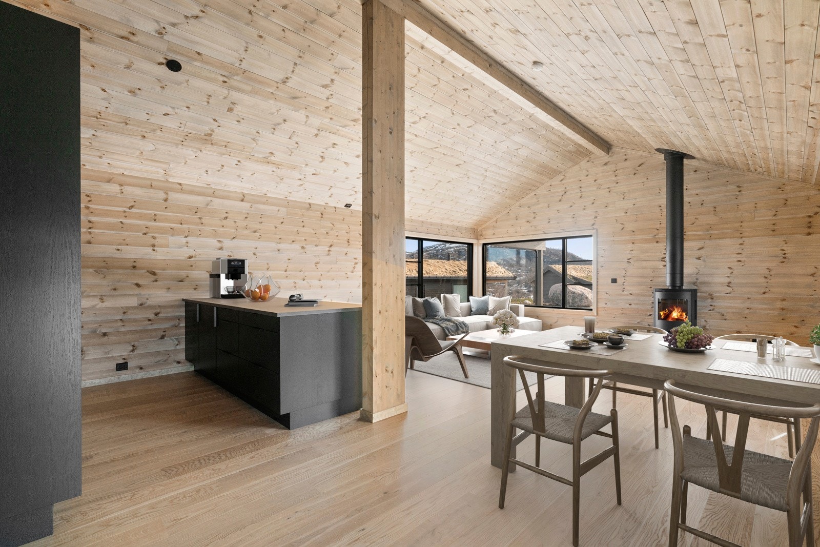 Illustrasjonsfoto av stue/kjøkken med digital styling. Galleribilde