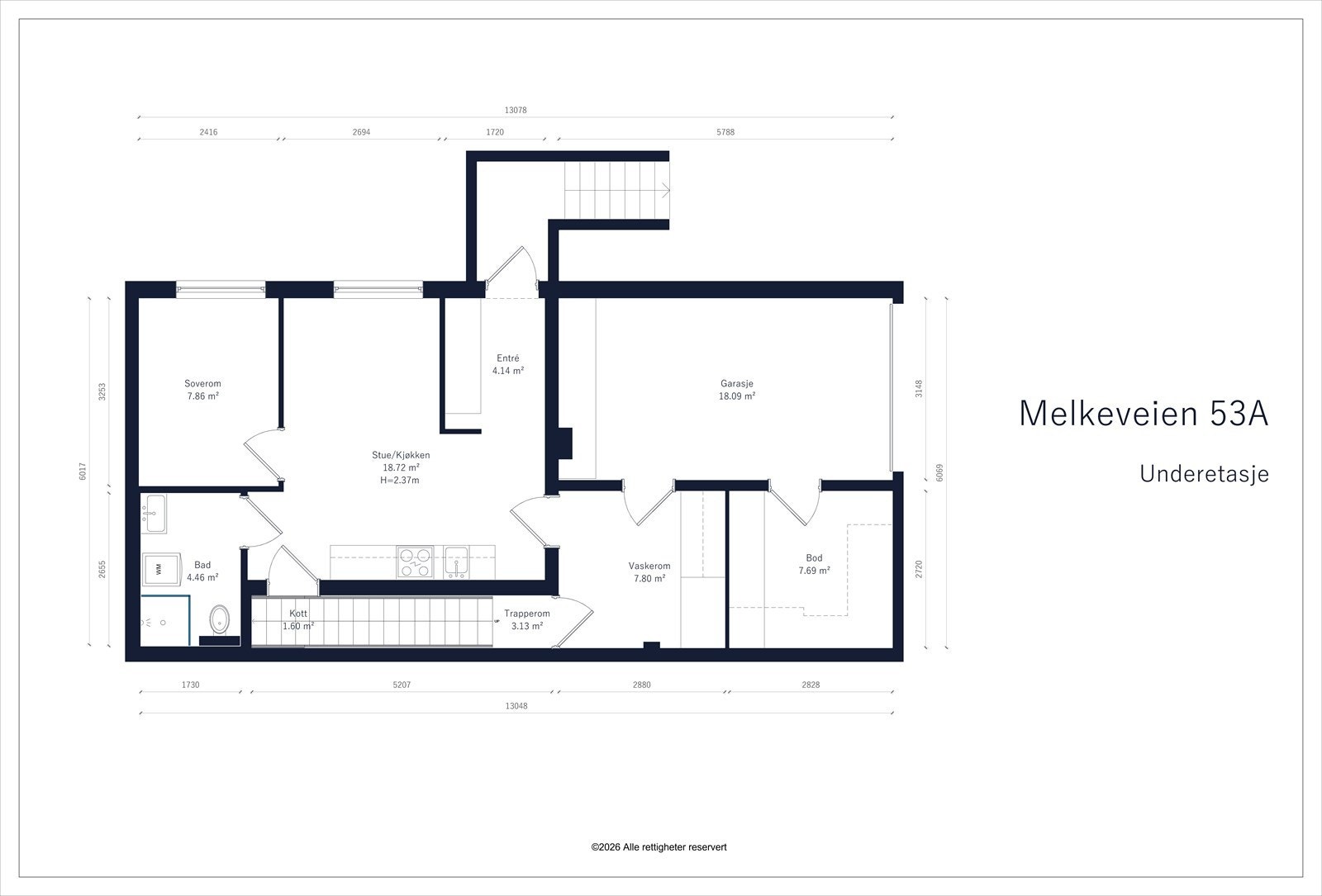 Planskisse underetasje. Hybel med egen inngang er godkjent for varig opphold og pr. i dag utleid Galleribilde