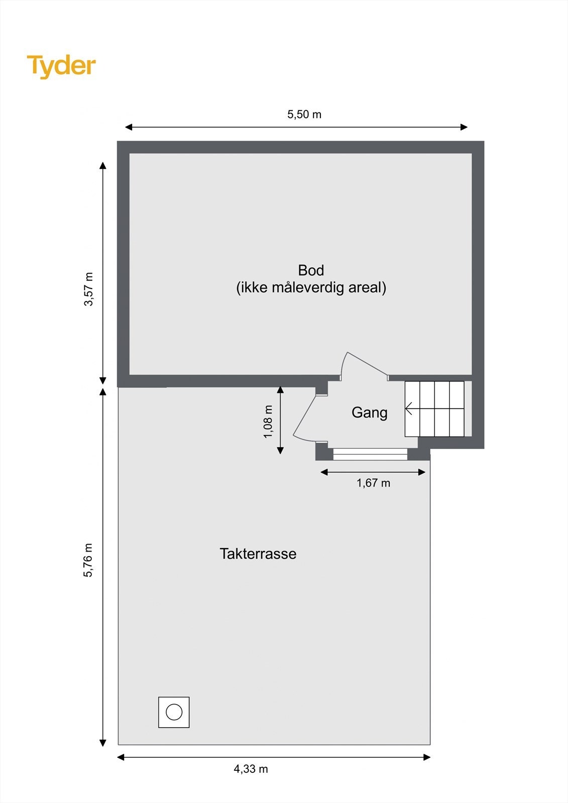 Plantegning takterrasse og loftsbod med direkte adkomst fra leiligheten. Galleribilde
