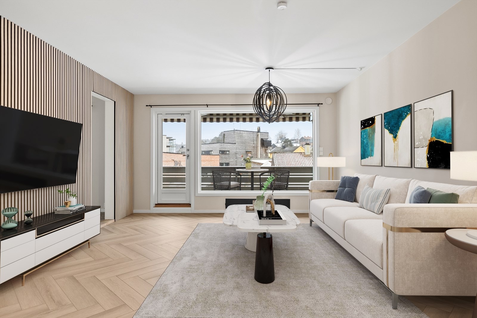 Nydelig gulv med 1 stav parkett med fiskebein(2025) Balkongdør med 3-lags glass fra 2022 Galleribilde