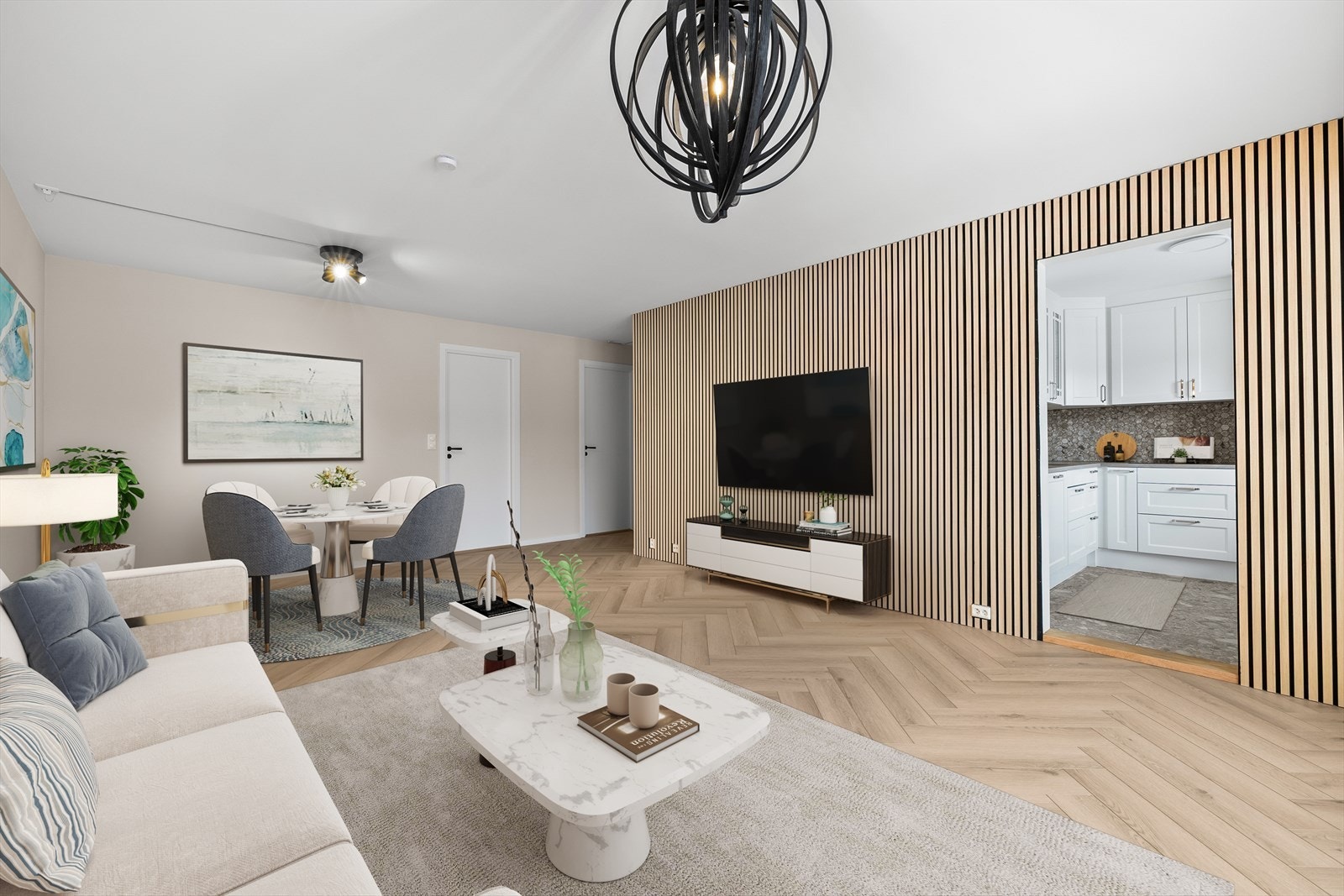 Stuen fremstår lys og delikat, og spileveggen gir rommet et moderne uttrykk og en fin kontrast. Galleribilde