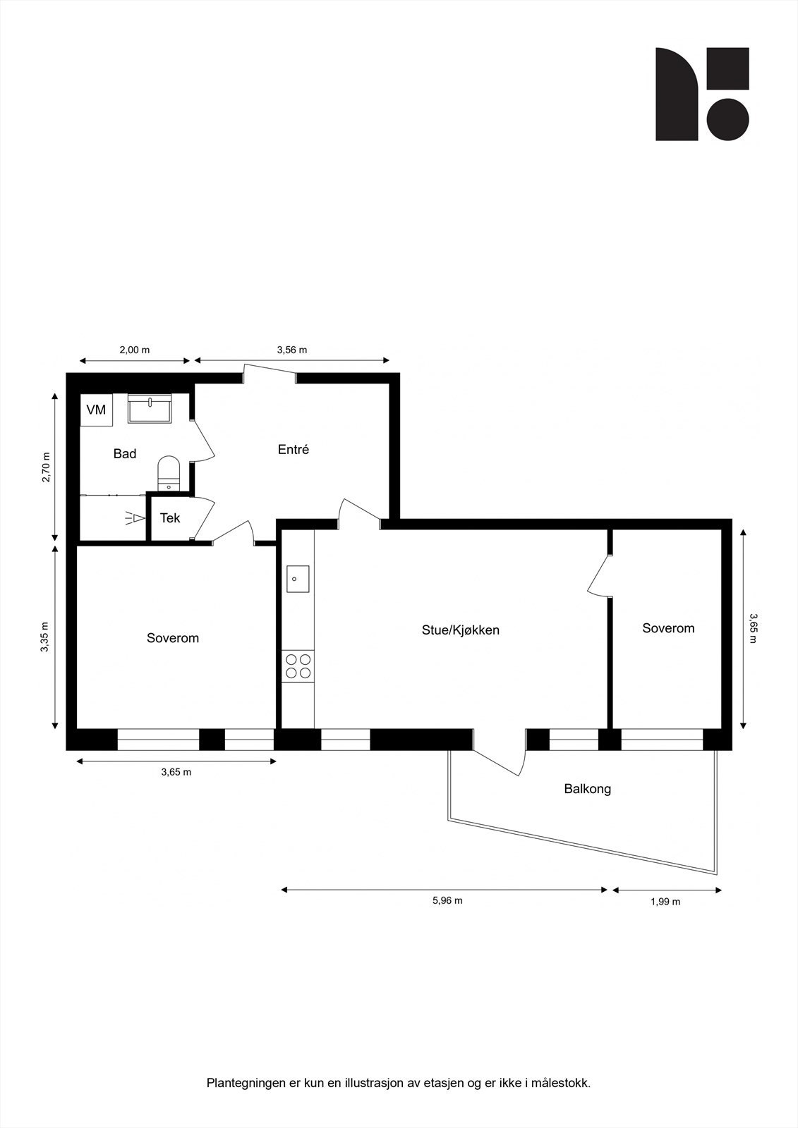 Planløsningen er arealeffektiv med to soverom, bad og en åpen sone for stue og kjøkken. Galleribilde