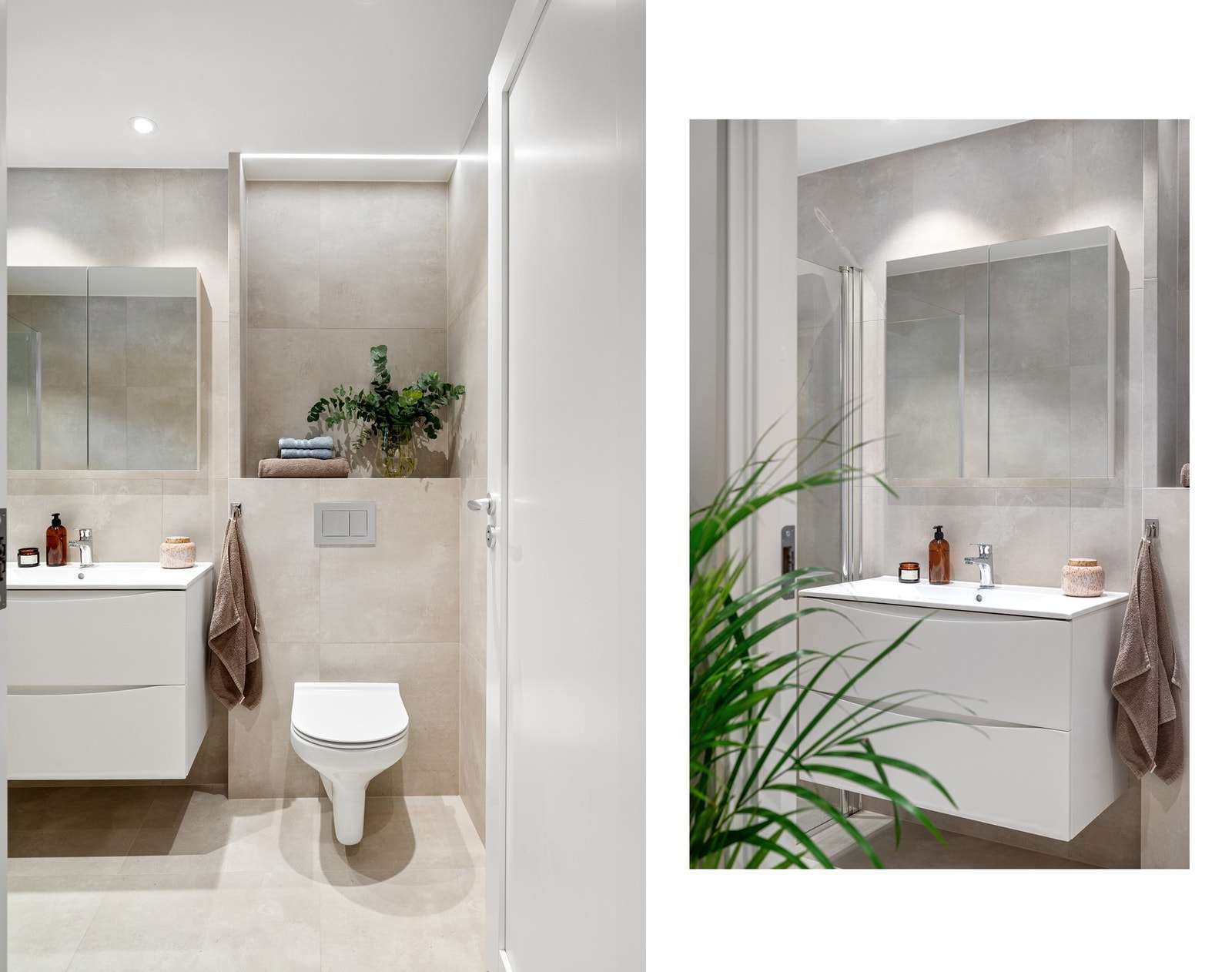 Rommet har vegghengt innredning og toalett, dusjhjørne. I tillegg får du smarte innfelte hylleløsninger Galleribilde