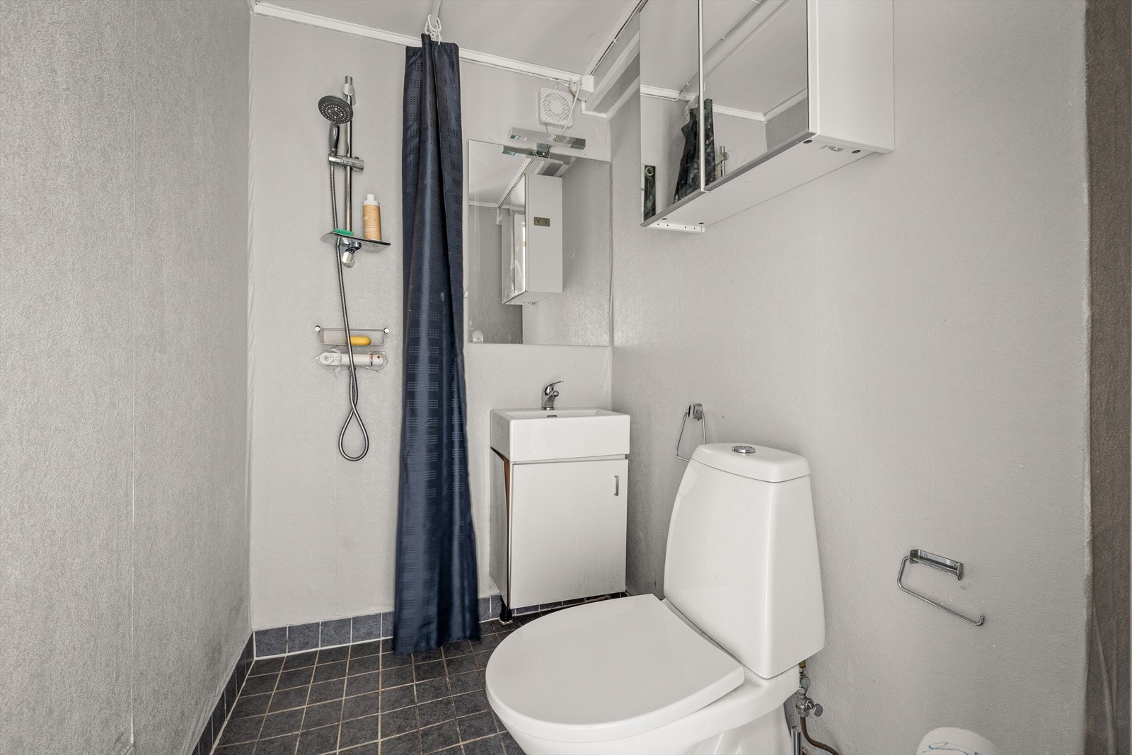 Funksjonelt bad i underetasjen med dusjhjørne, servantskap og toalett. Galleribilde