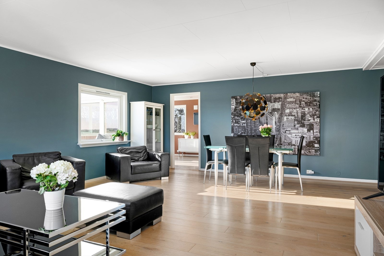 Her er det god plass til både sofagruppe og stort spisebord, perfekt for hyggelige samlinger og familieliv. Galleribilde