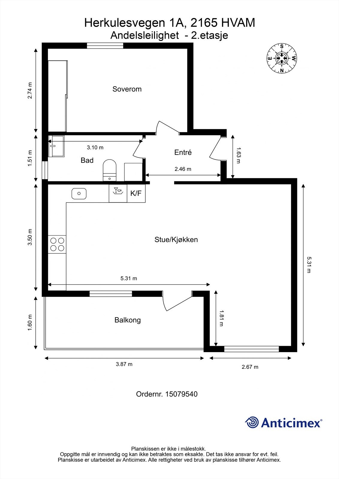 Leiligheten har en effektiv planløsning på 52 m² BRA-i, fordelt på entré, bad, soverom og stue/kjøkken. Galleribilde