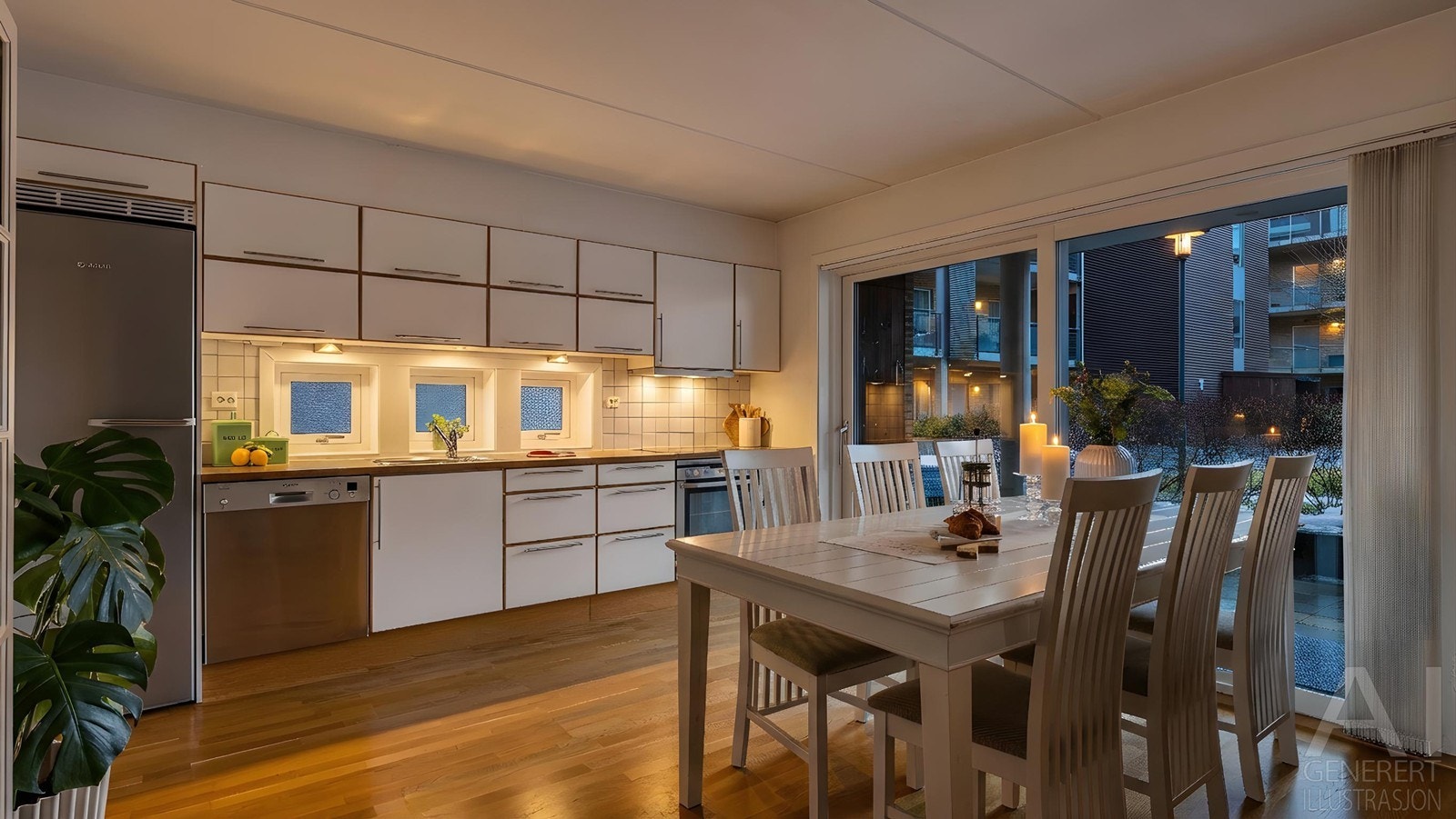 Åpen stue kjøkkenløsning med skyvedør ut til markterrasse Galleribilde