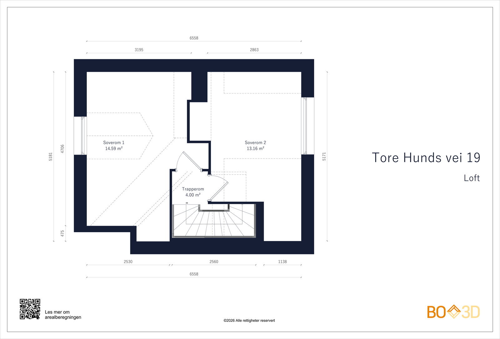 Loftet er innredet med to romslige, disponible rom. Det gjøres oppmerksom på at det ikke er gitt ferdigattest for tiltak der det ble etablert soverom på loft. Se punkt om ferdigattest for mer informasjon. Galleribilde