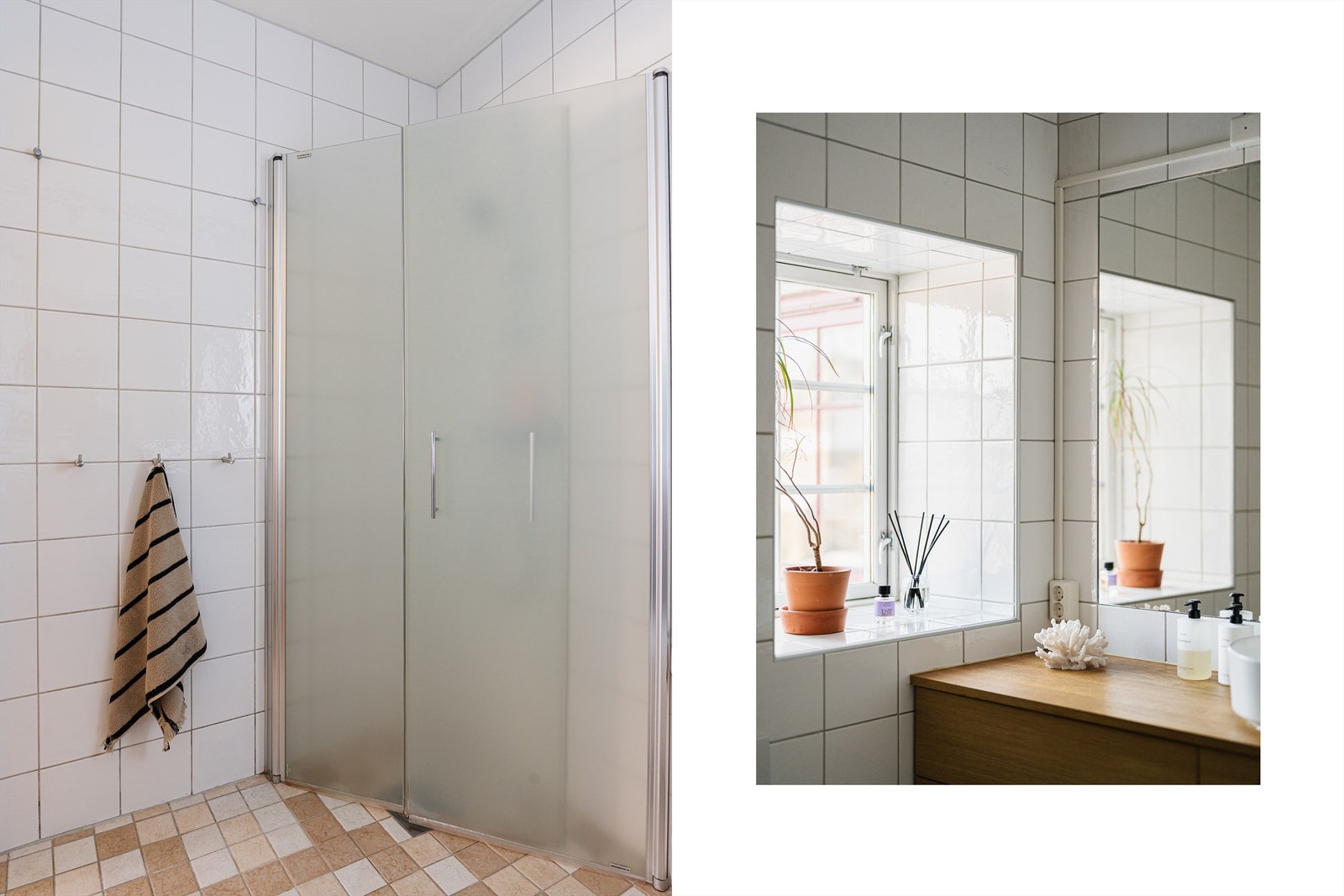 Badet har flislagte overflater og dusjhjørne med svingbare dører. Galleribilde