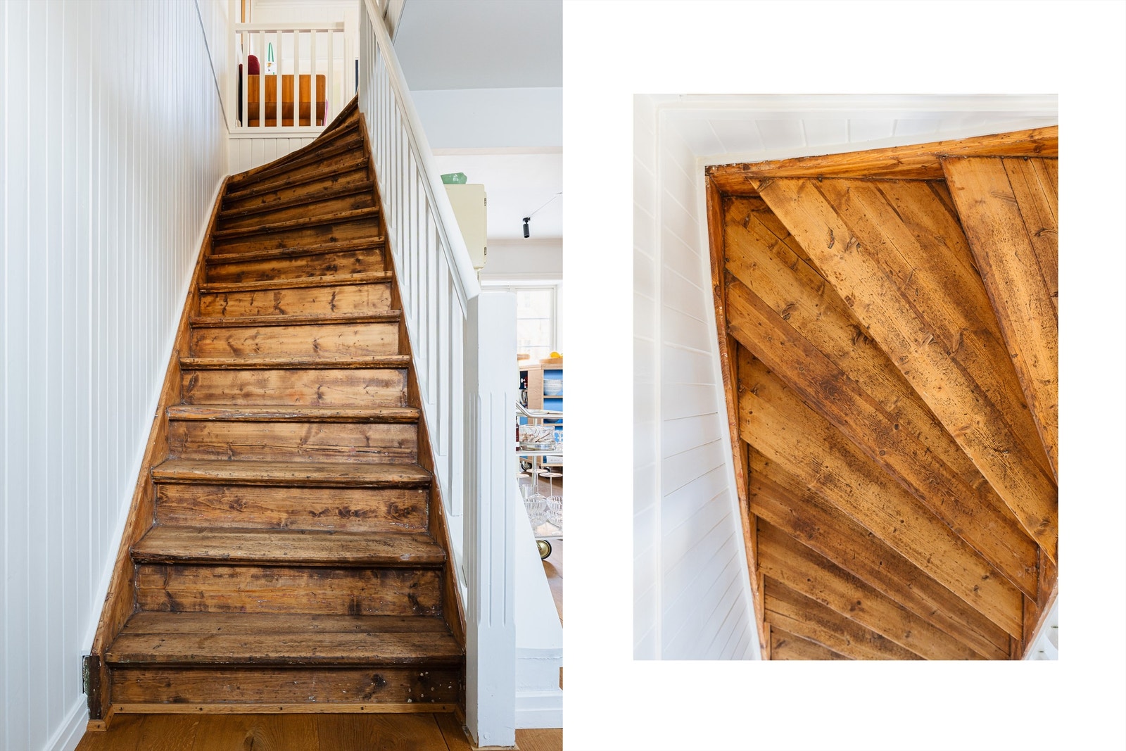 Tilbake inne i boligen binder originale tretrapper etasjene sammen. Galleribilde