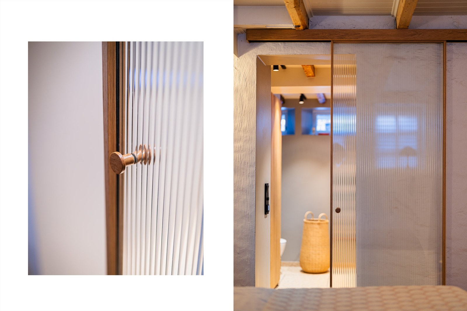 En elegant skyvedør i glass og tre fører inn til badet. Galleribilde