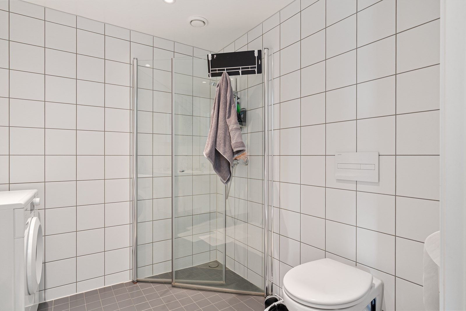 Innfellbare dusjdører og vegghengt toalett. Galleribilde