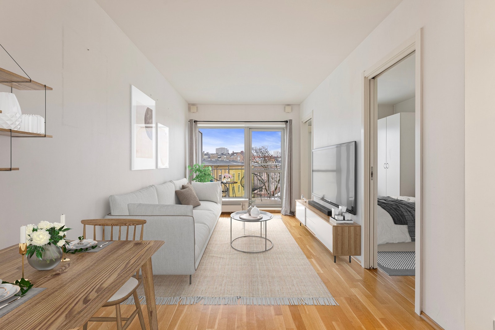 Leiligheten ligger høyt og fritt i 4. etasje med heisadkomst. Bildet er fotostylet og redigert med AI, Bildet er av illustrativ karakter og angir nødvendigvis ikke korrekt gjengivelse av elementer i boligene. Galleribilde