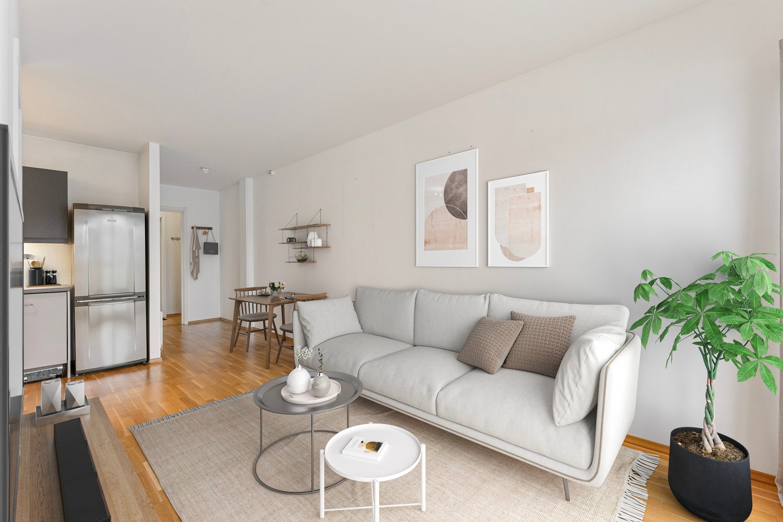 Lys og romslig stue med plass til sofagruppe og tilhørende møblement. Bildet er fotostylet og redigert med AI, Bildet er av illustrativ karakter og angir nødvendigvis ikke korrekt gjengivelse av elementer i boligene. Galleribilde