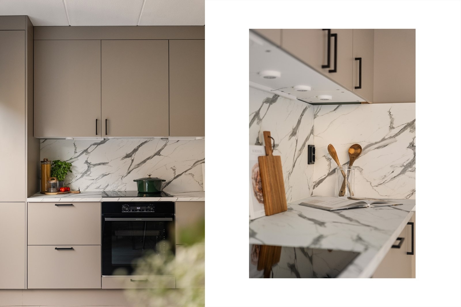 Her er lekre kitchenboard mellom benkeplate og overskap. Galleribilde