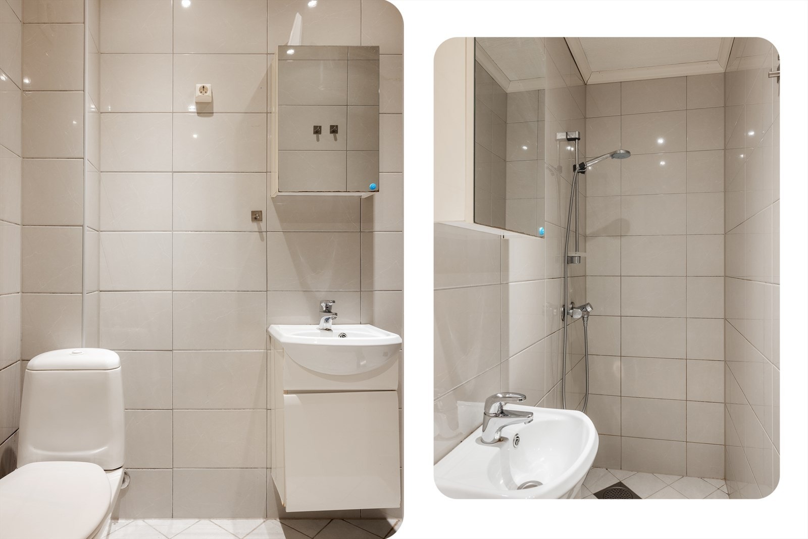 Badet er innredet med toalett, dusj og servant møblement med speil. Her er det opplegg for vaskemaskin og det er selvfølgelig varmekabler i gulvet. Galleribilde