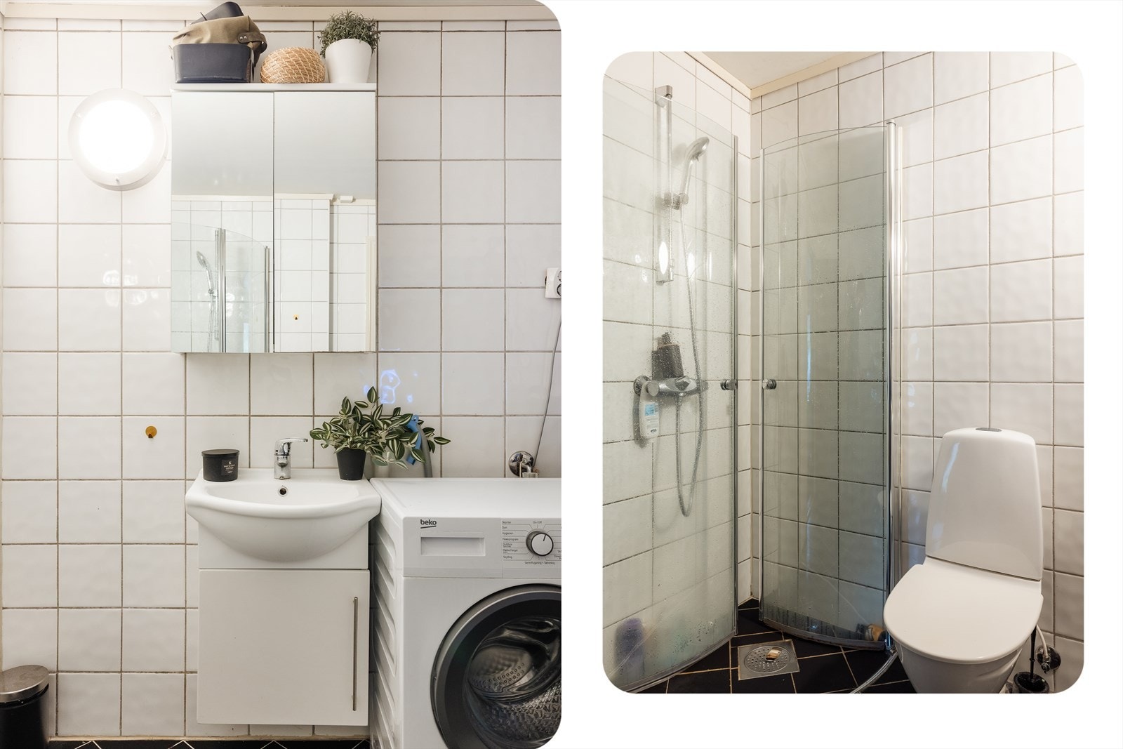 Badet er innredet med toalett, dusj og servant møblement med speil. Det er også opplegg for vaskemaskin. Galleribilde