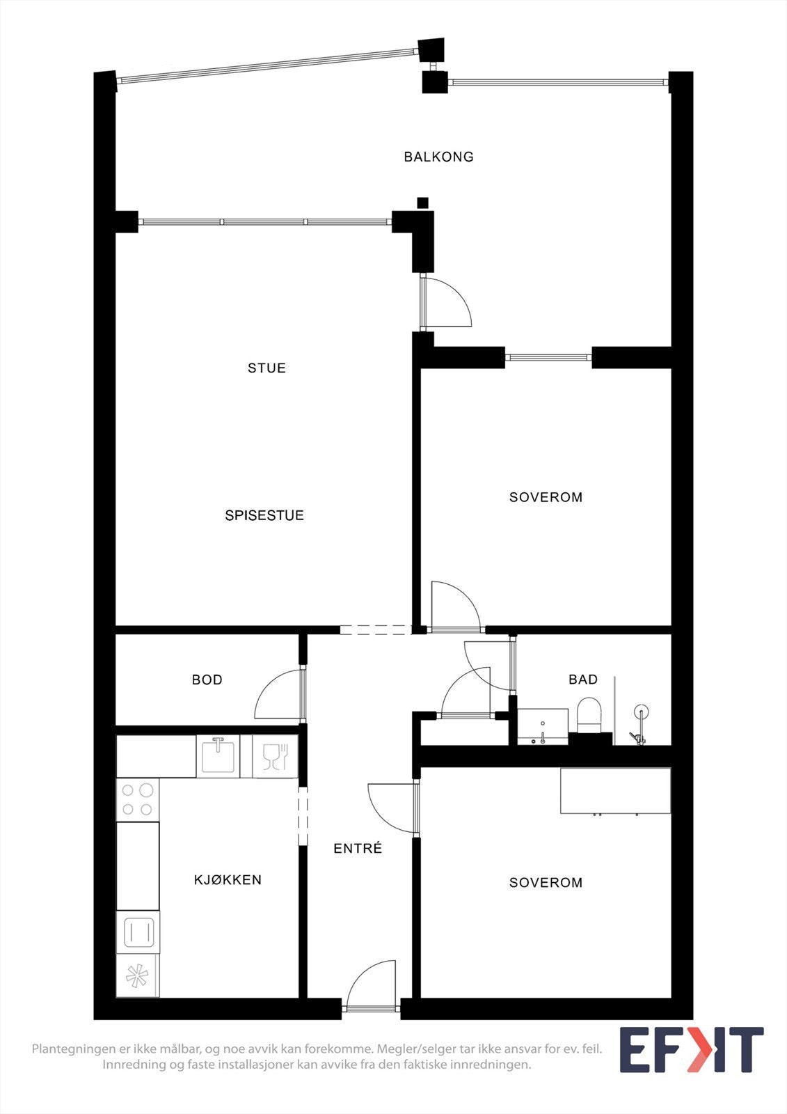 Leiligheten har en arealeffektiv planløsning på 72 m² som omfatter to soverom, stue, kjøkken og bad. Galleribilde