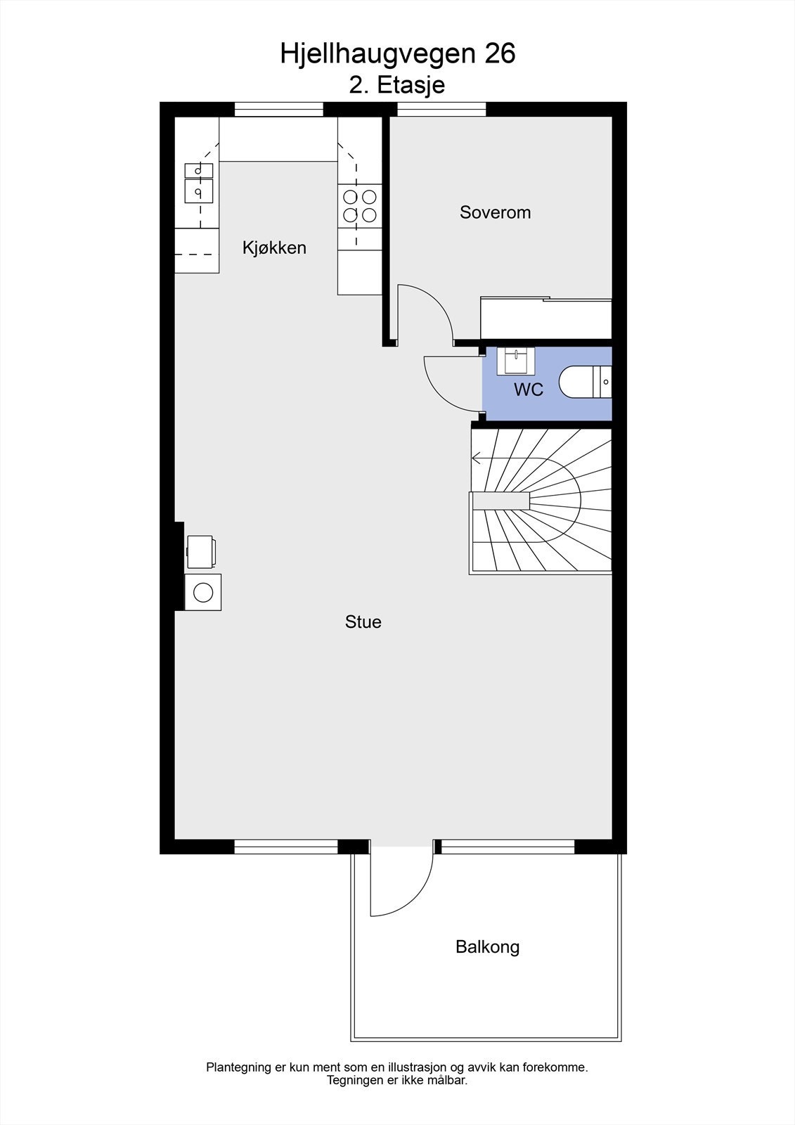 Andre etasje består av en åpen stue- og kjøkkenløsning, ett soverom og et toalettrom. Galleribilde