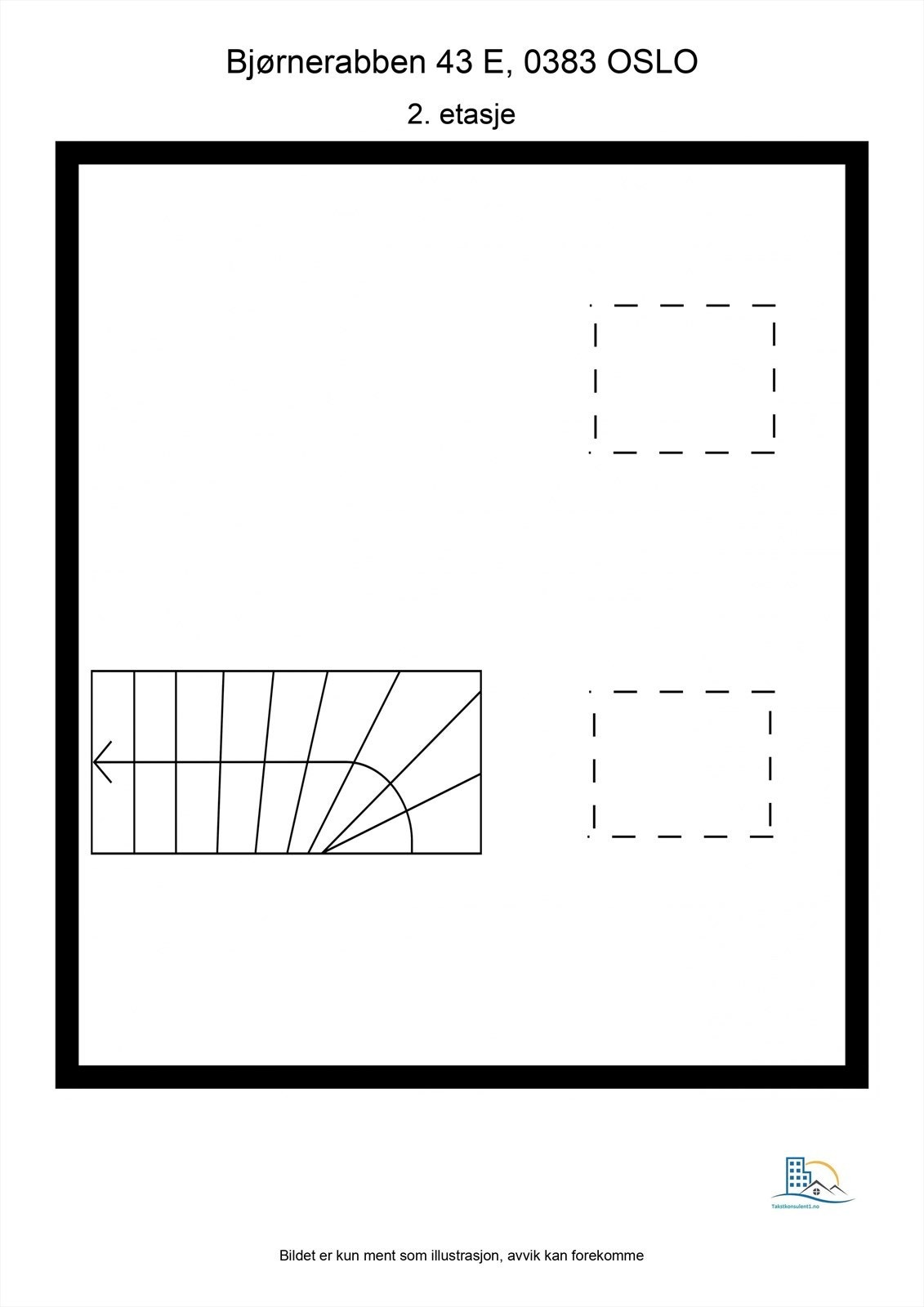 Plantegning for 2. etasje, et disponibelt areal på 13 m² (ikke måleverdig) med lav takhøyde. Galleribilde