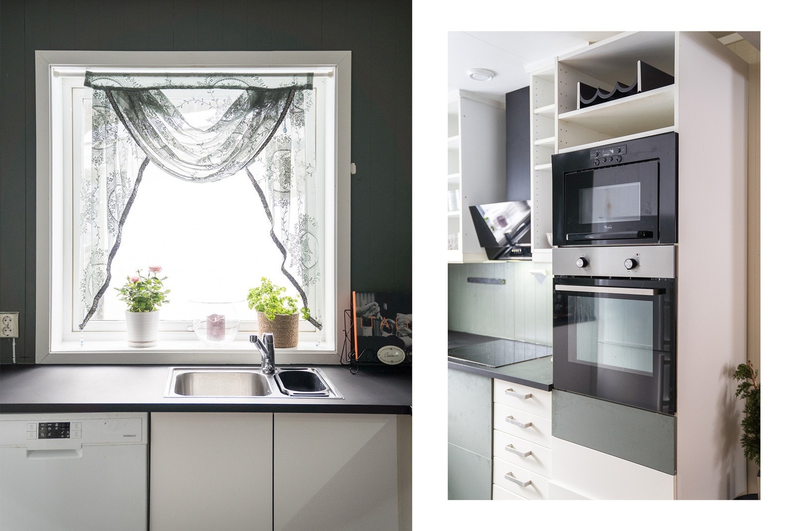 Flere fronter er malt i den samme grønnfargen som veggene. Integrert i innredningen finner man stekeovn, platetopp og mikrobølgeovn - i tillegg til opplegg for oppvaskmaskin. Galleribilde