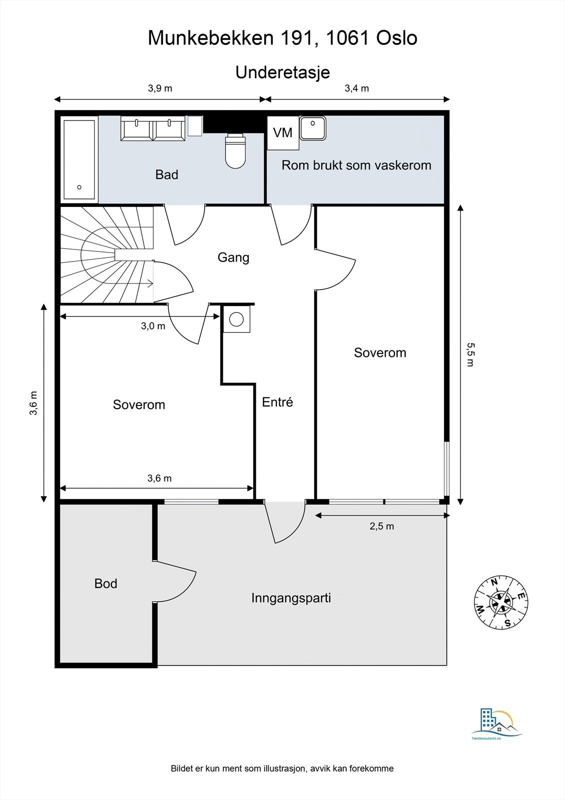 Planløsning underetasje: Entré, gang, to soverom, bad og et separat vaskerom. Galleribilde