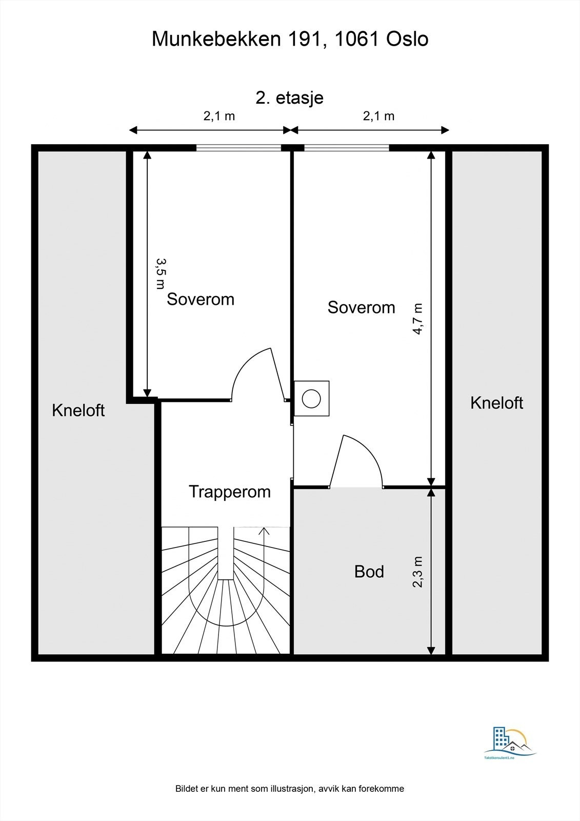 Planløsning 2. etasje: To soverom, trapperom og en praktisk bod for ekstra lagring. Galleribilde