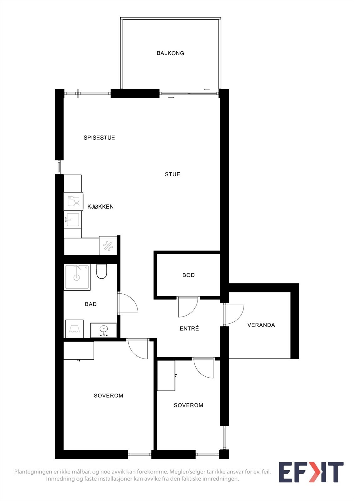 Leiligheten har en arealeffektiv planløsning på 64 m² med to soverom og åpen stue/kjøkken-løsning. Galleribilde