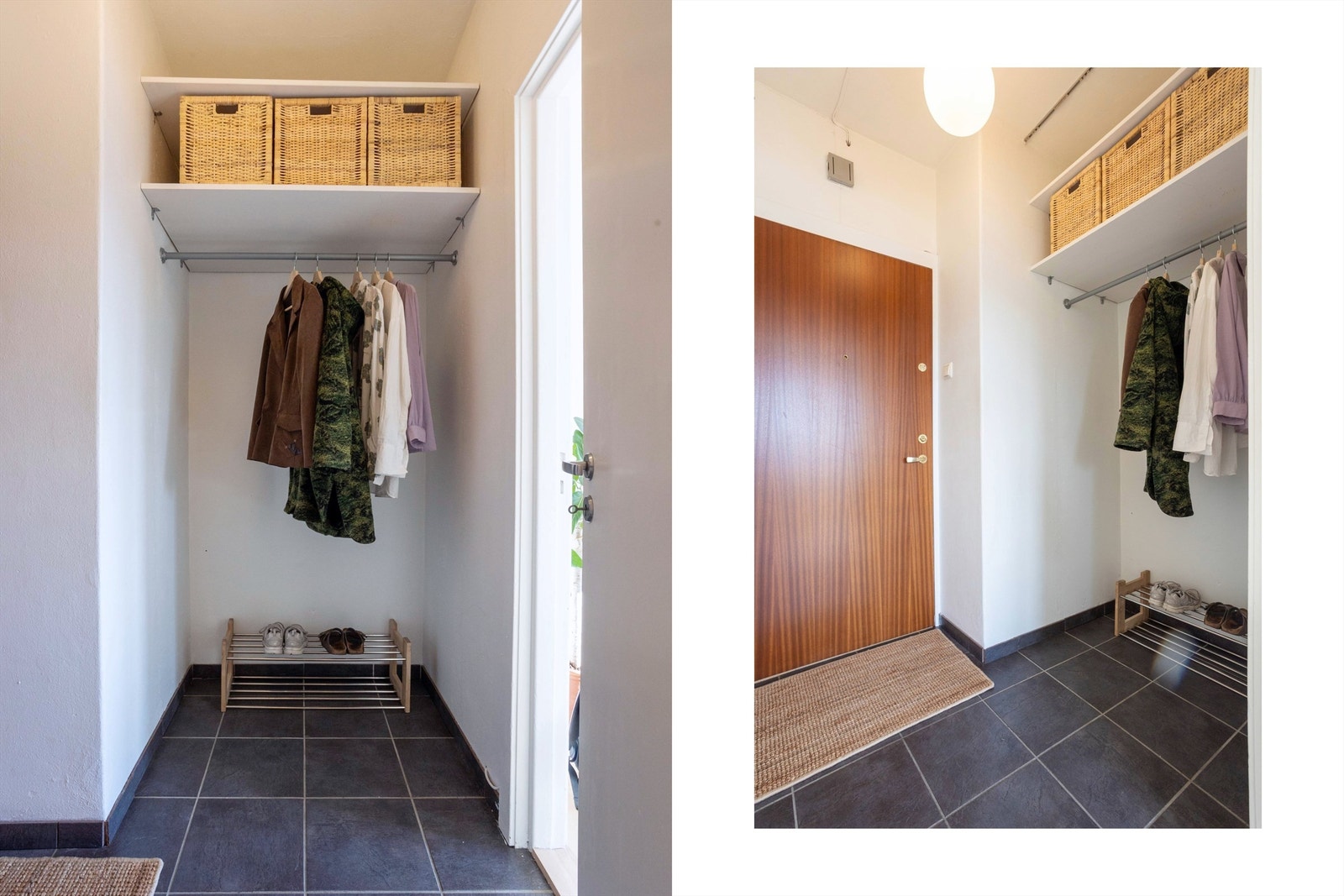 Velkommen inn! Boligen har en innbydende entré med flislagt gulv og varmekabler. Her er det god plass til å henge fra seg yttertøy og sette fra seg sko, med ekstra hyller mot himling som utnytter plassen godt. Galleribilde