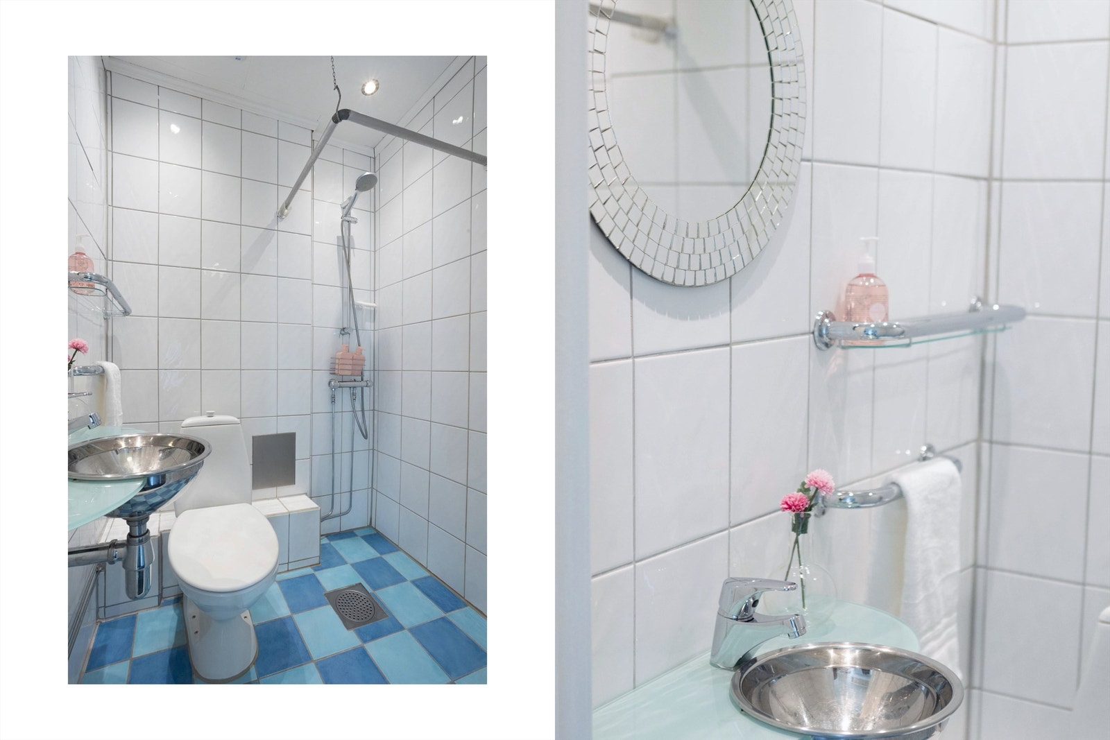 Badet har flislagte vegger og gulv, med tilhørende elektrisk gulvvarme. Rommet er utstyrt med gulvstående klosett, servant, speil og dusj, samt en elektrisk styrt vifte for god ventilasjon. Galleribilde