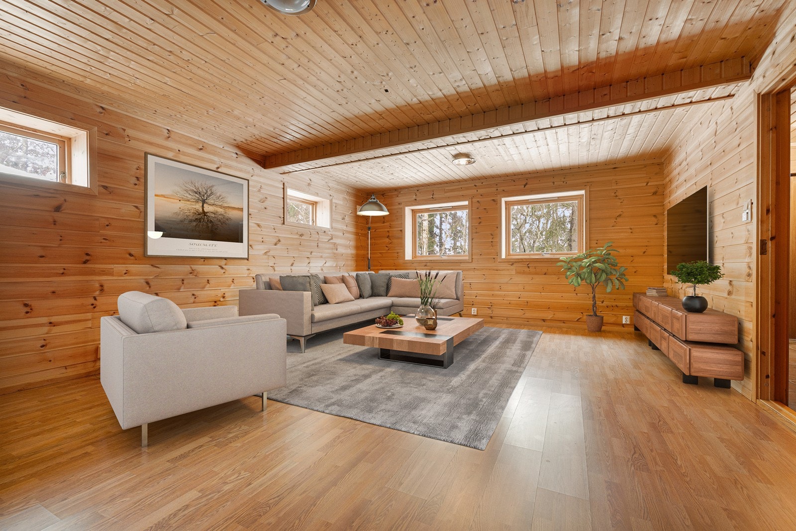 Kjellerstuen har god plass til sofamøblement og TV-bord. Digital stylet. Galleribilde