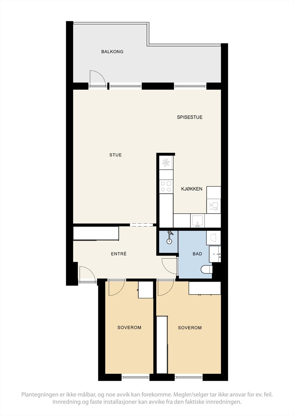 Leiligheten har en arealeffektiv planløsning med to gode soverom adskilt fra de sosiale sonene. Galleribilde