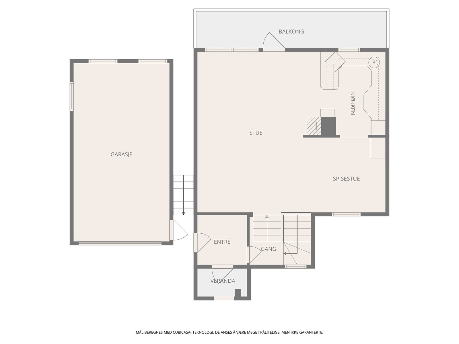 1. etasje rommer stue og kjøkken i en åpen løsning, med direkte utgang til balkong. Galleribilde