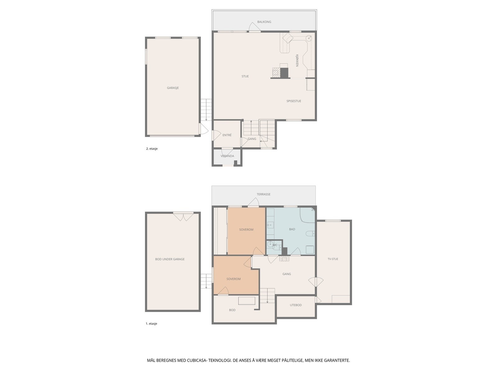 Plantegningene gir en komplett oversikt over boligens tre plan og den separate garasjen. Galleribilde