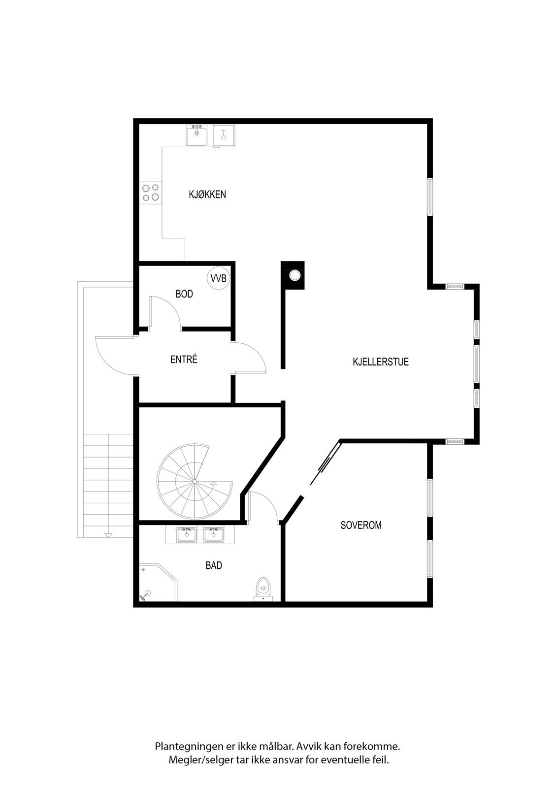 Plantegning Kjeller. Denne utleiemuligheten ikke godkjent som seperat utleiedel, men rommene er godkjent som rom for varig opphold. Galleribilde
