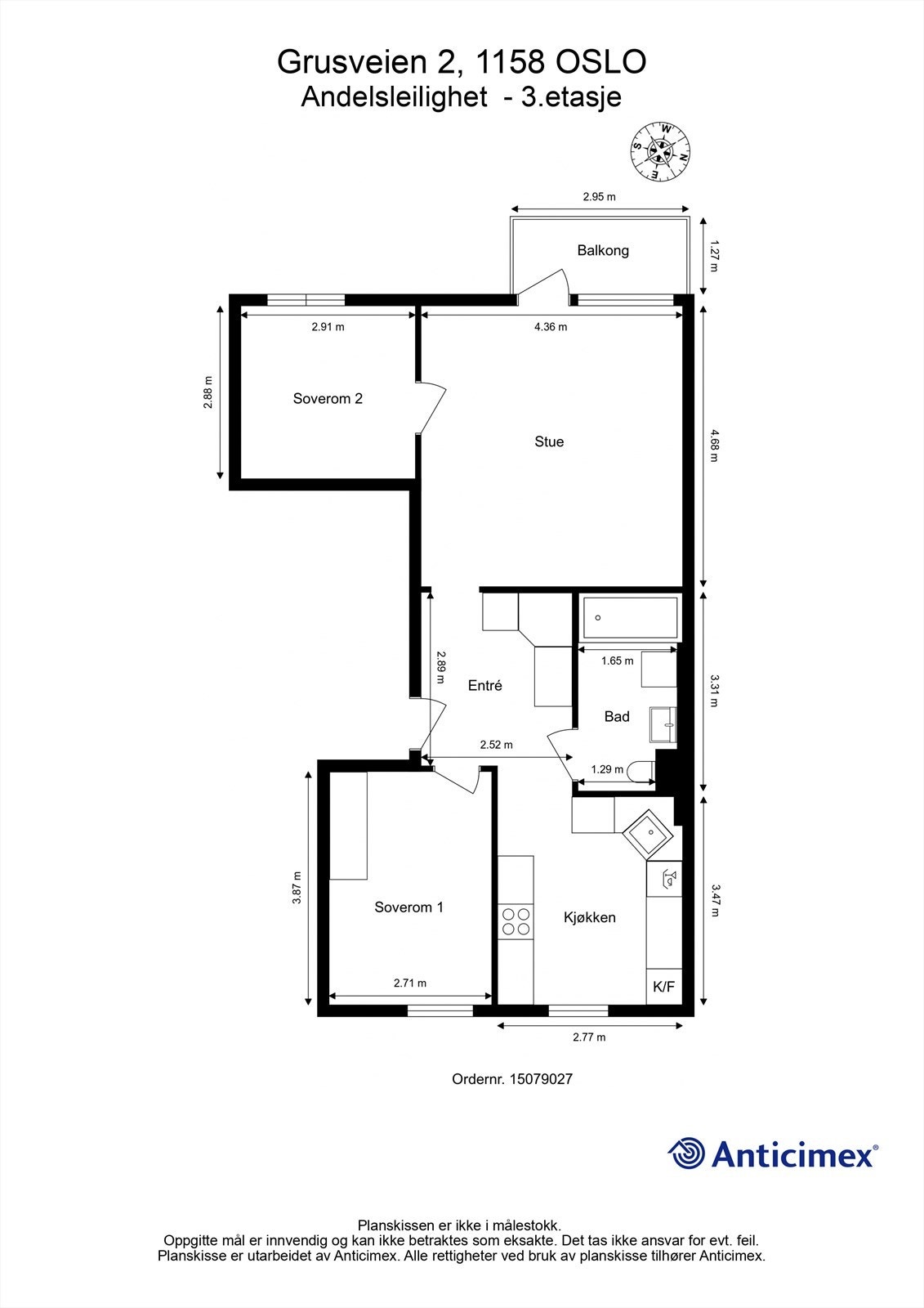 Leiligheten har en god og arealeffektiv planløsning på 65 m² med to soverom. Galleribilde