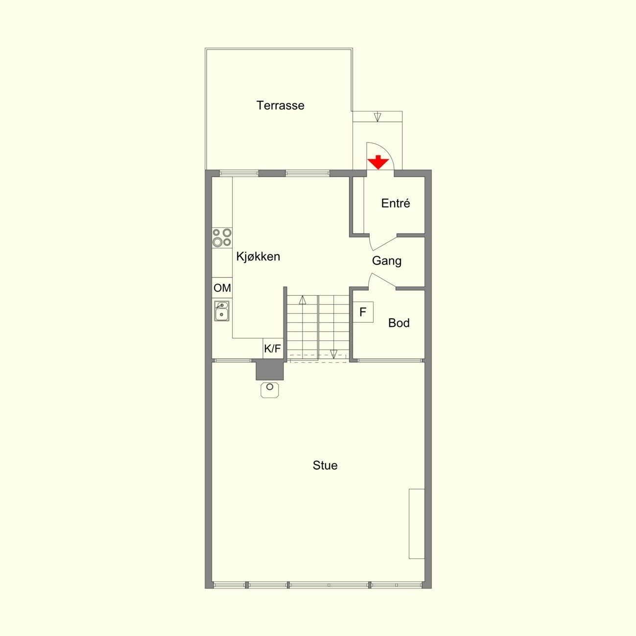 Vi kommer inn i disse to halvetasjene som har kjøkken, stue, bod og inngangsparti. Galleribilde