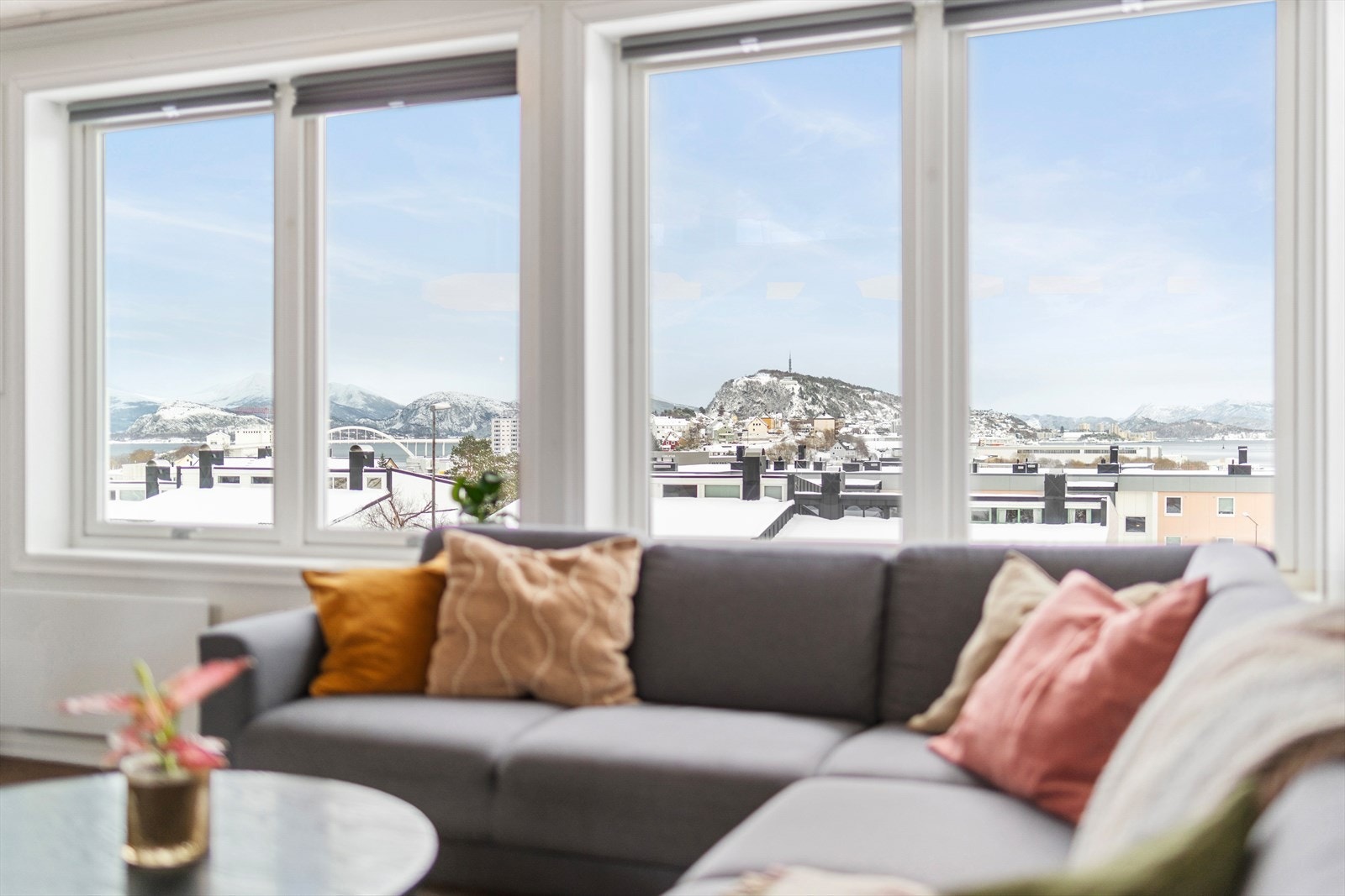 Fra sofakroken kan du blant annet se Fjellstua, Voldsdalsberga, Ellingsøya og videre innover. Galleribilde