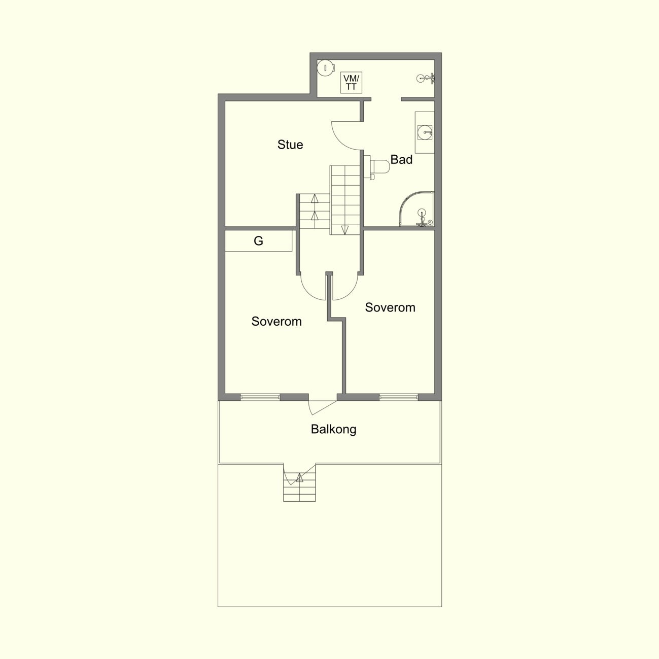Boligen består av fem halvetasjer, som vi skal se litt nærmere på før vi går inn. Galleribilde