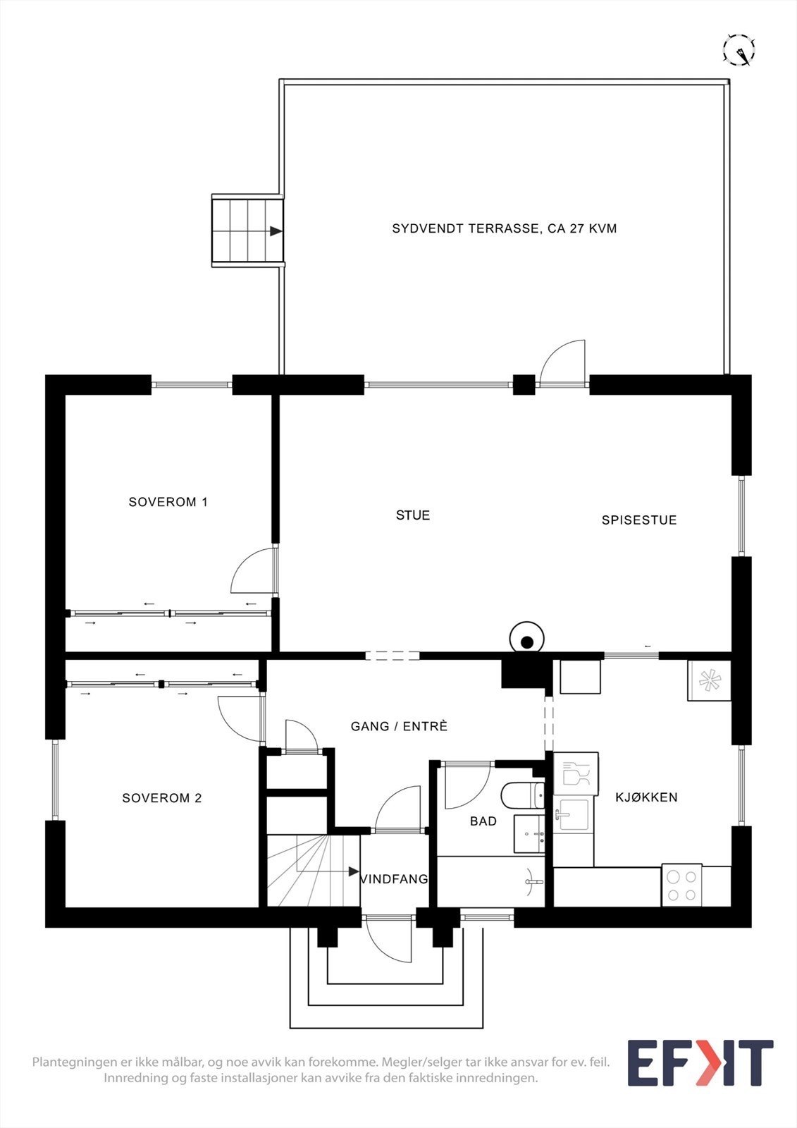Første etasje har en praktisk planløsning med entré, to soverom, bad, kjøkken og stue. Galleribilde