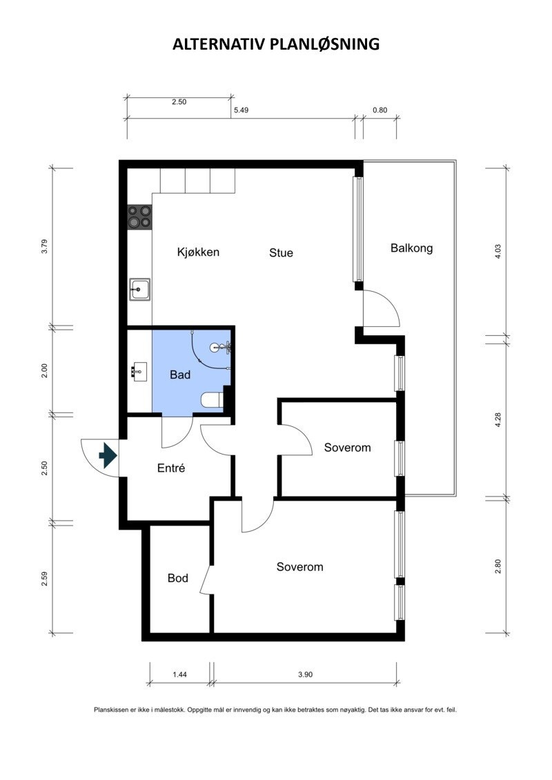 Alternativ planløsning, lik hvordan leiligheten opprinnelig var. Galleribilde