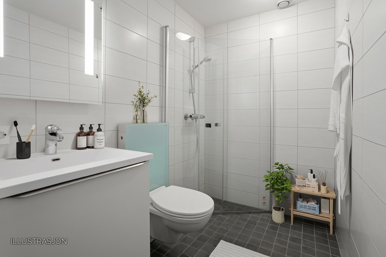 Bad hybeldel. Flislagt i hvitt og grått med varme i gulv. Digital møblering. Galleribilde