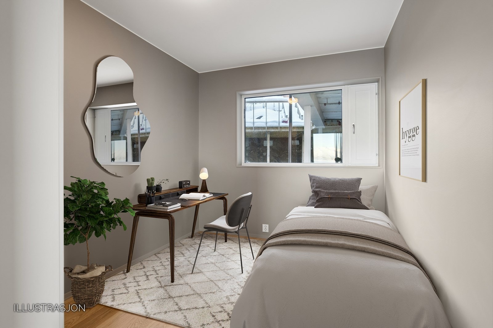 Soverom 1, hoveddelen. Østvendt. Digitalt møblert. Galleribilde